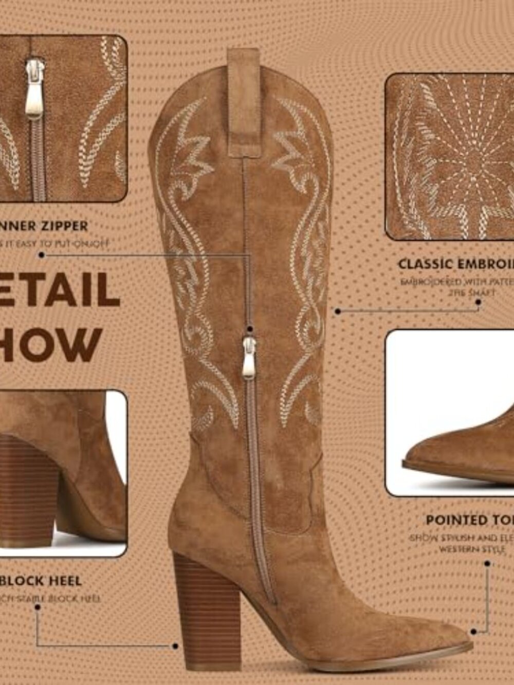 ๐ Knee High Cowboy Boots for Women Pointed Toe Chunky High Heels Pull-on - Picture 4 of 6